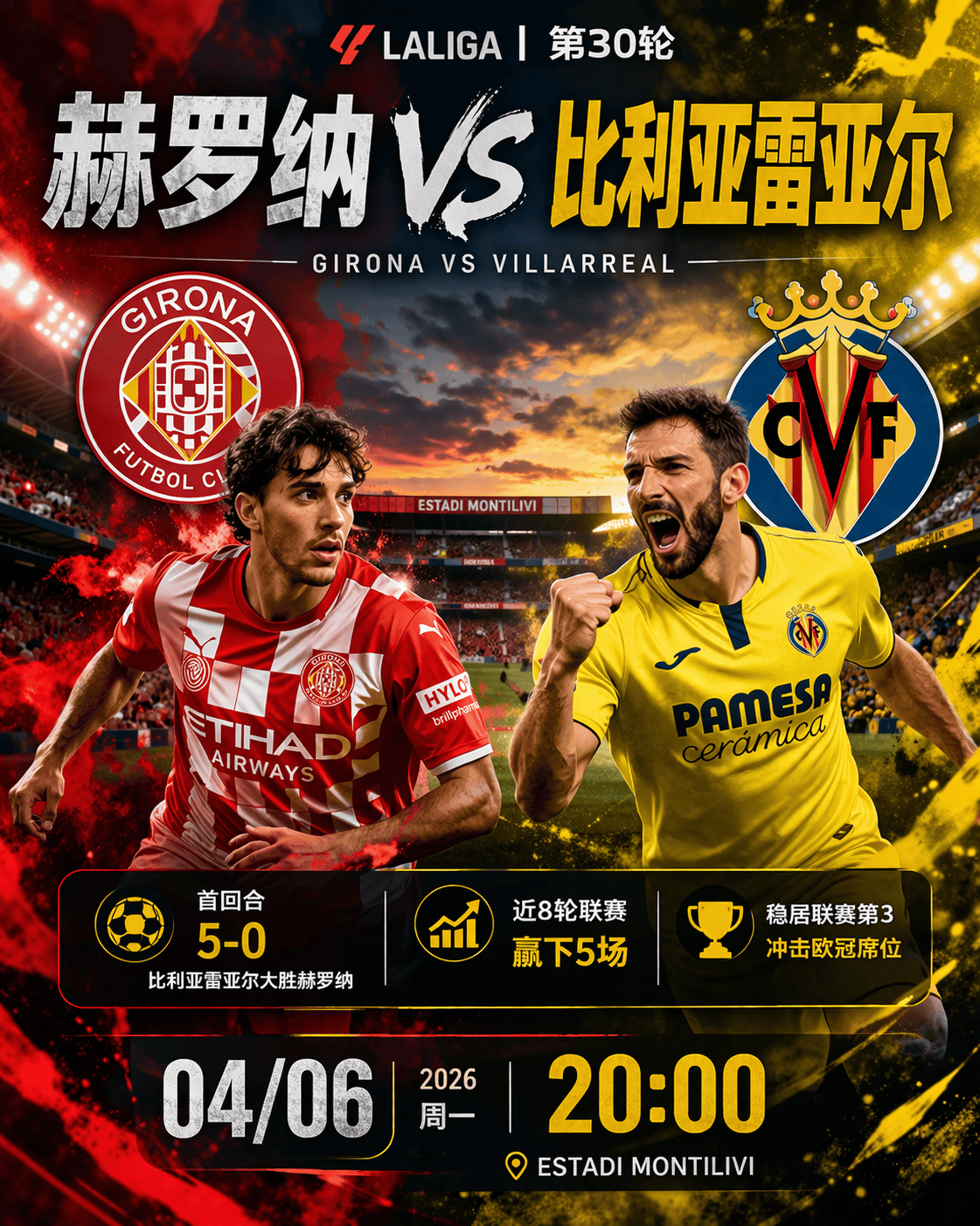 西甲：赫罗纳vs比利亚雷亚尔，交锋压制明显，黄潜有望客场拿下